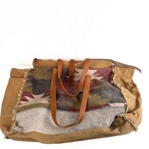 Myra Bag Large Canvas Tote Southwestern Kilim Hair-on-Hide Leather Trim Tan